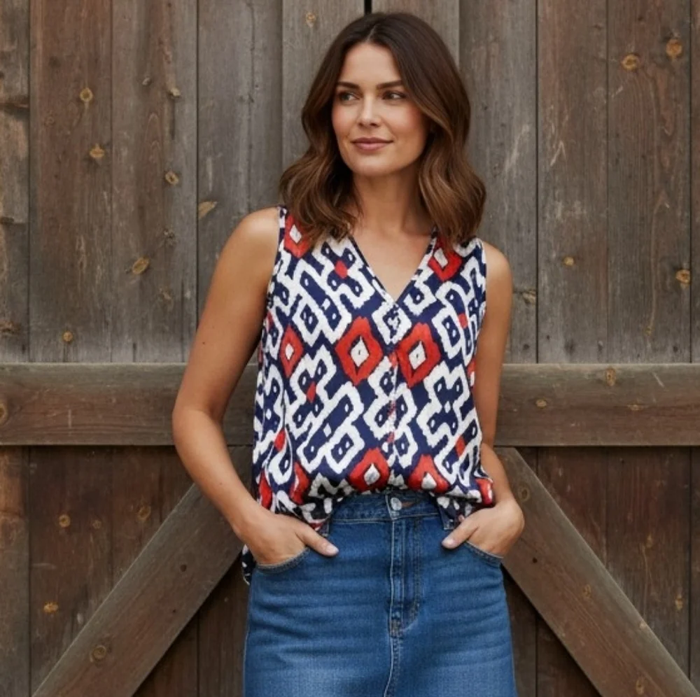 Karen Kane Navy, White, & Poppy Red Sleeveless Button Down Top with Lace Detail - Picture 1 of 3